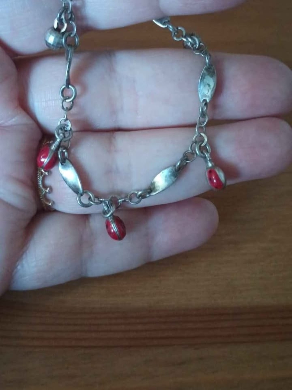 Vintage Sterling Silver 925  Bracelet with Red Bead Charms